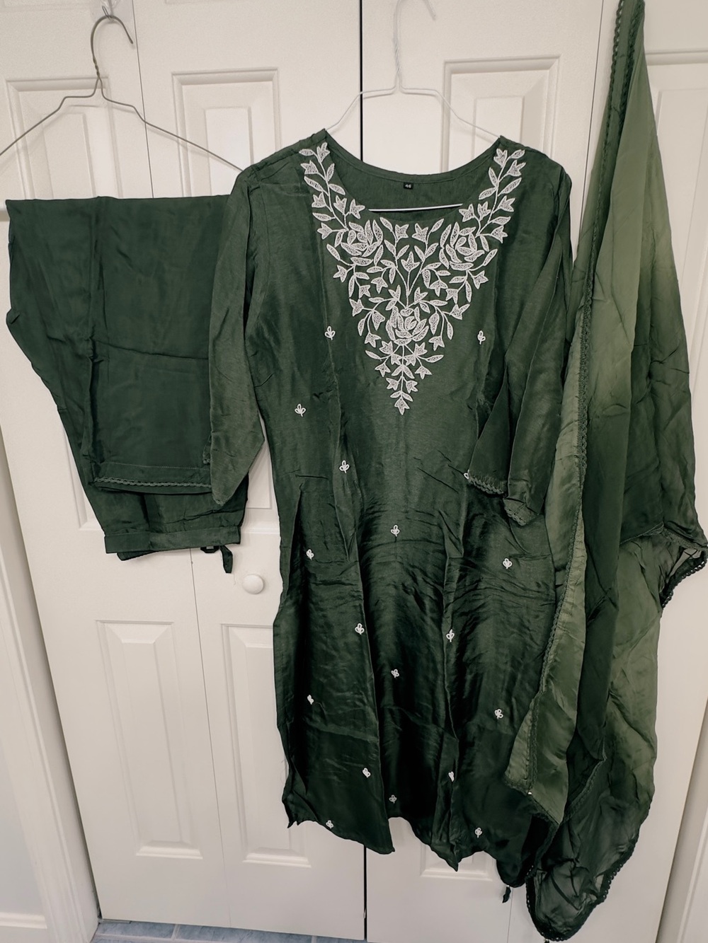 Embroidered Dark Green Salwaar Kameez Set with Scarf size 23”